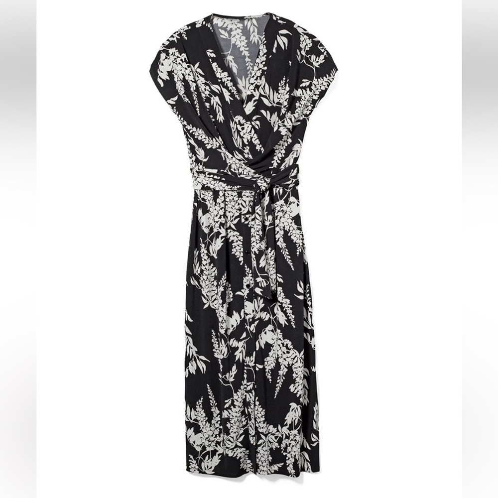 White House Black Market Black & White Floral Short Sleeve Tie Front Midi Dress
